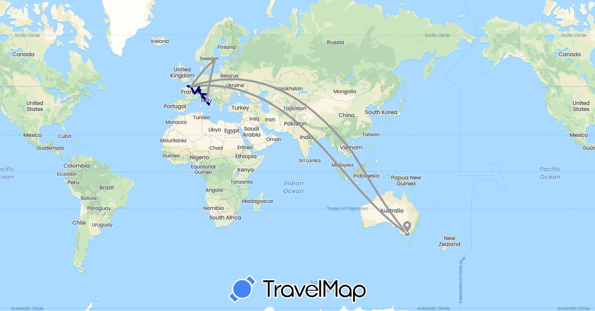 TravelMap itinerary: driving, plane in Australia, Switzerland, France, Italy, Sweden, Vietnam (Asia, Europe, Oceania)