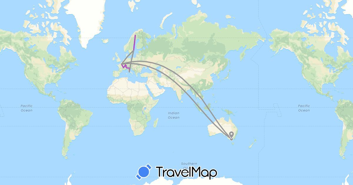 TravelMap itinerary: driving, plane, train in Australia, Switzerland, France, Italy, Sweden, Vietnam (Asia, Europe, Oceania)